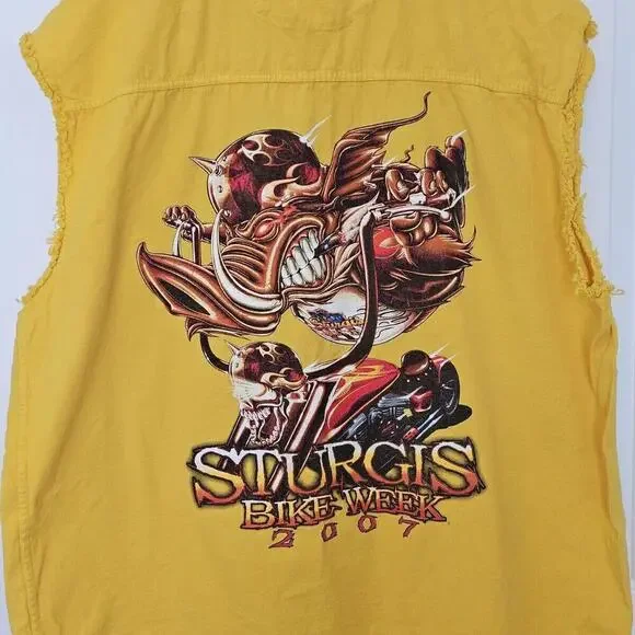 Sturgis Rally 2007 Yellow Sleeveless Denim Motorcycle Bike Week Shirt Mens 5XL - Picture 2 of 12